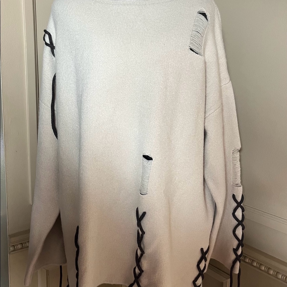 POL Cream and Black Distressed Sweater